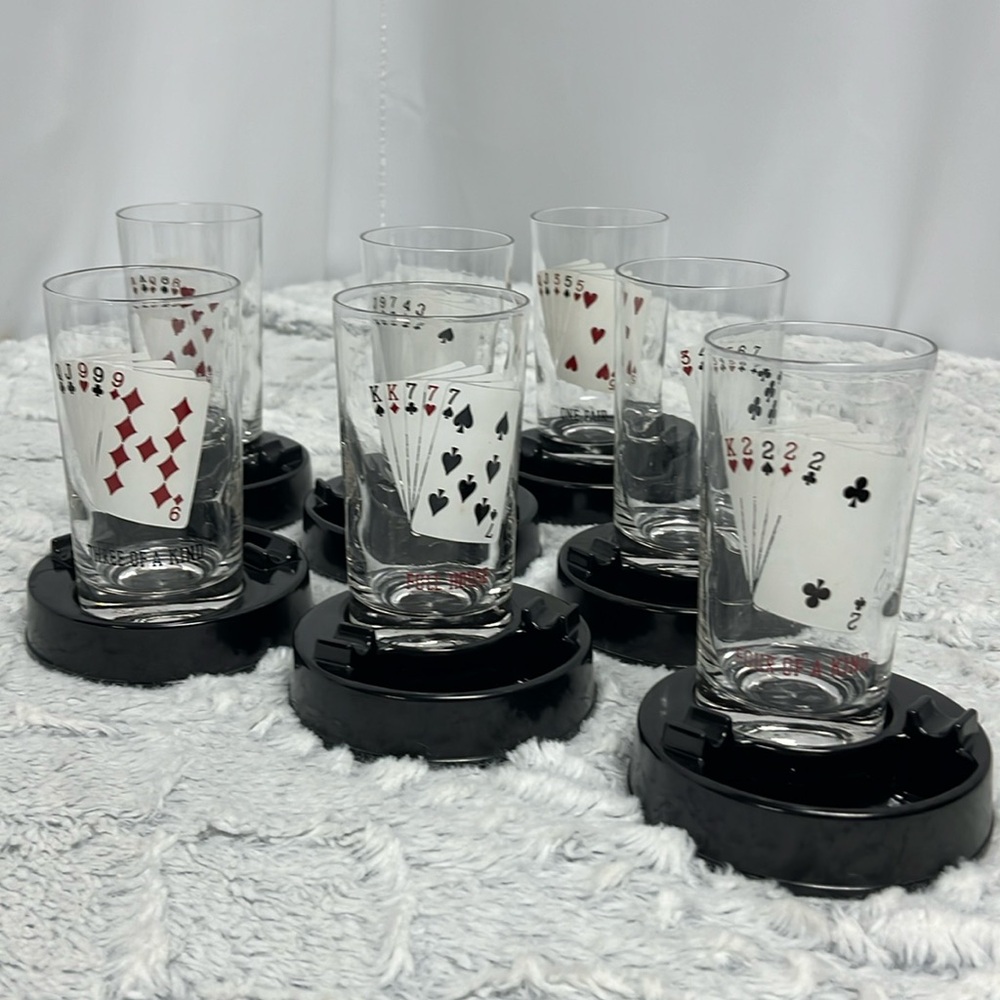 Mid-century modern MCM Cocktail set of 7 glasses with poker theme attached tray